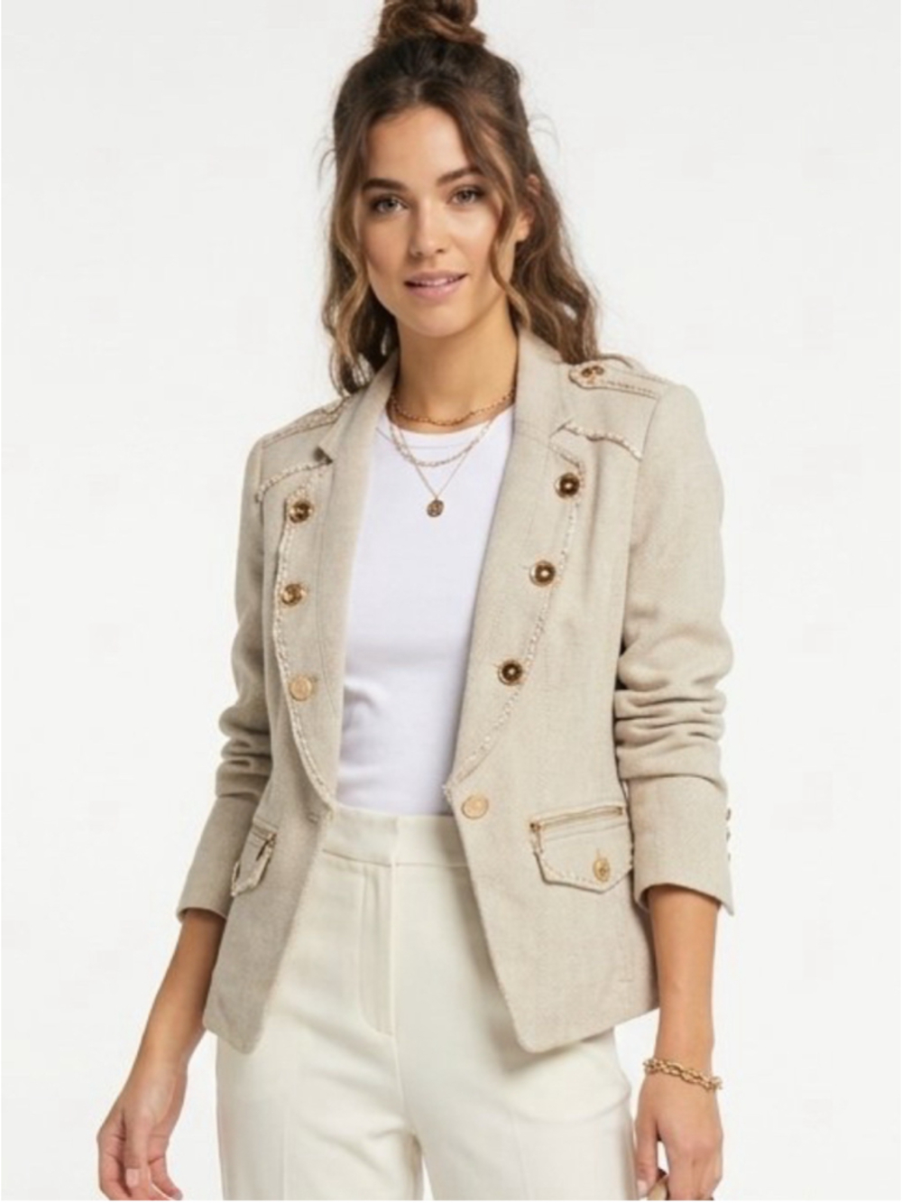 Women's White House Black Market Linen Blend Military Herringbone Blazer Size 2